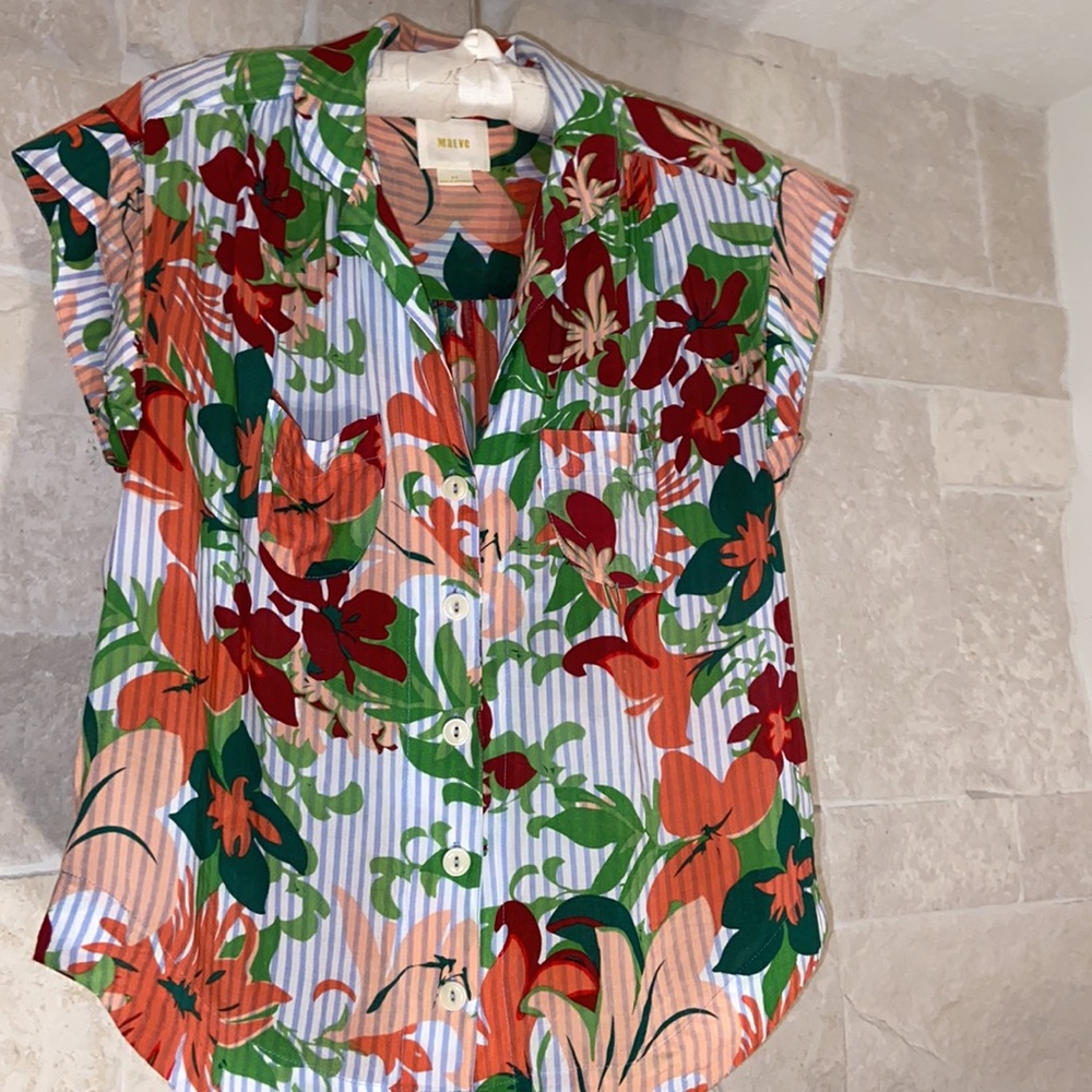 Anthropologie (Maeve) Floral & Blue Stripe Blouse